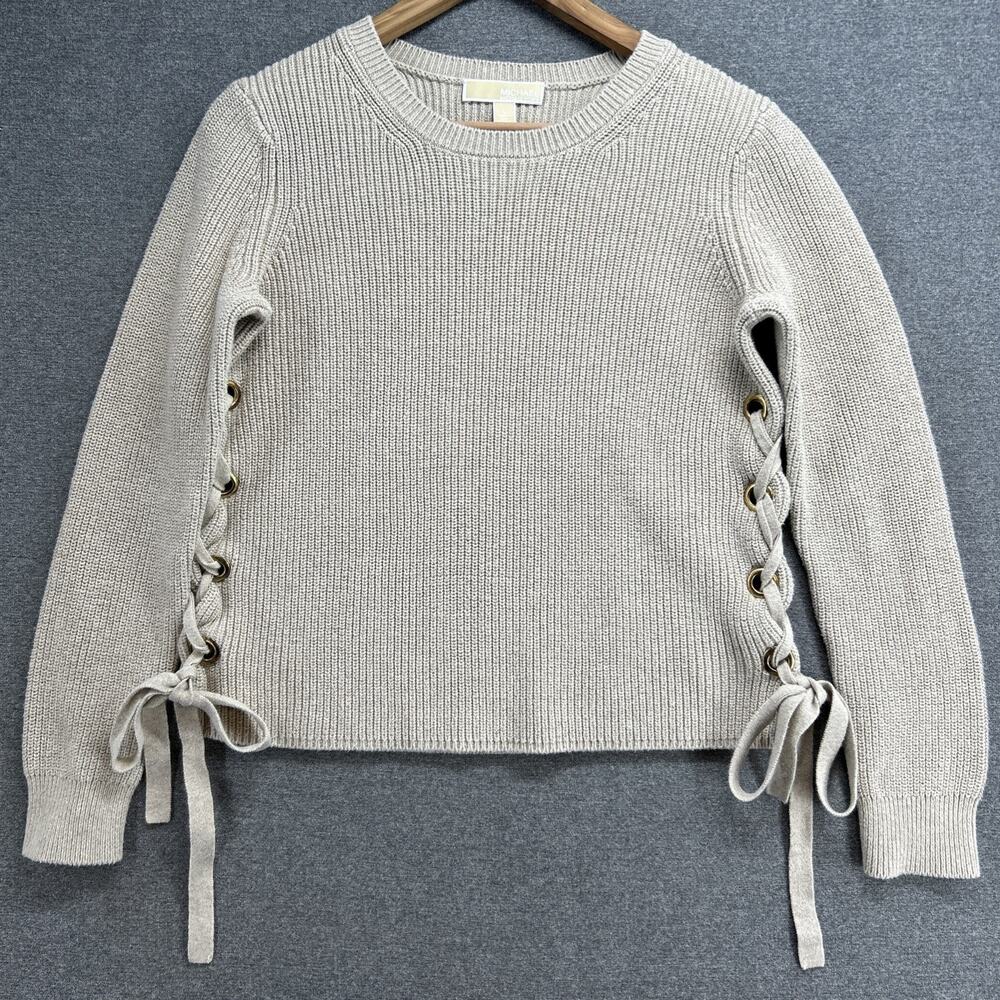 Michael Kors Women Large Beige Knit Sweater Brass Grommet Lace Up Sides Pullover
